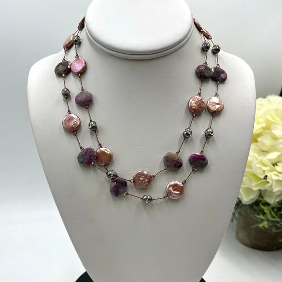 Margo Morrison Raw Ruby Crystallized Gray Pearl Pink Pearl Swarovski Necklace - Picture 1 of 8